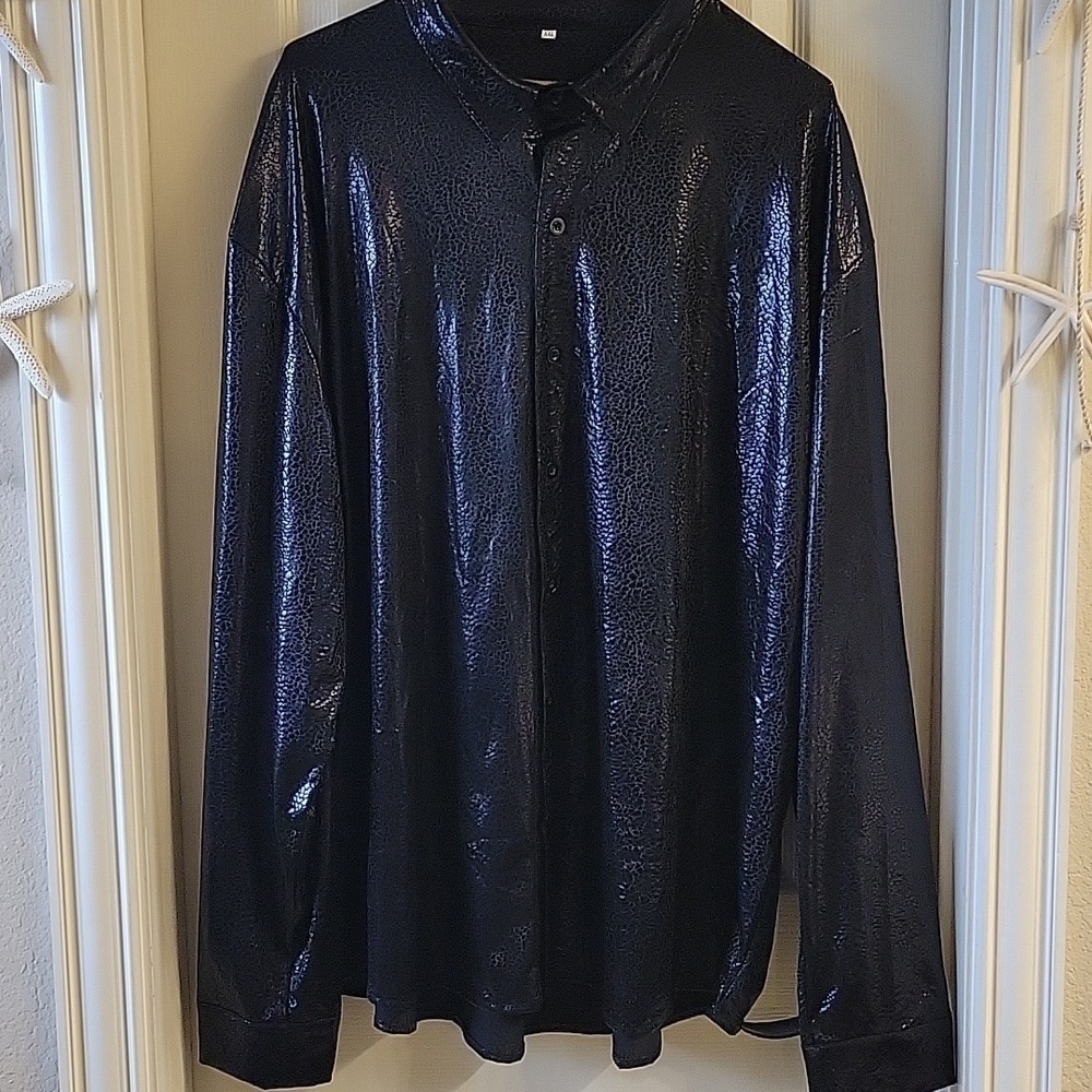 Men's Black Shiny Metallic Dress Shirt - Picture 8 of 16